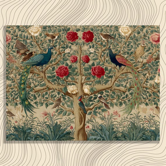 Peacock Rose Tree Canvas Wall Art Vintage Botanical Print Victorian Decor Ornate Artwork Nature