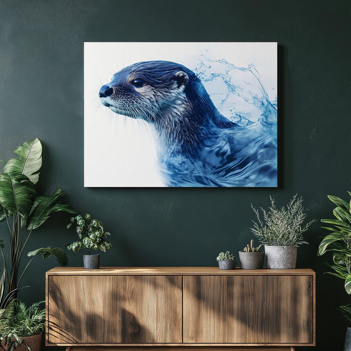 Blue Watercolor Otter Portrait Ocean Splash Wildlife Canvas Wall Art