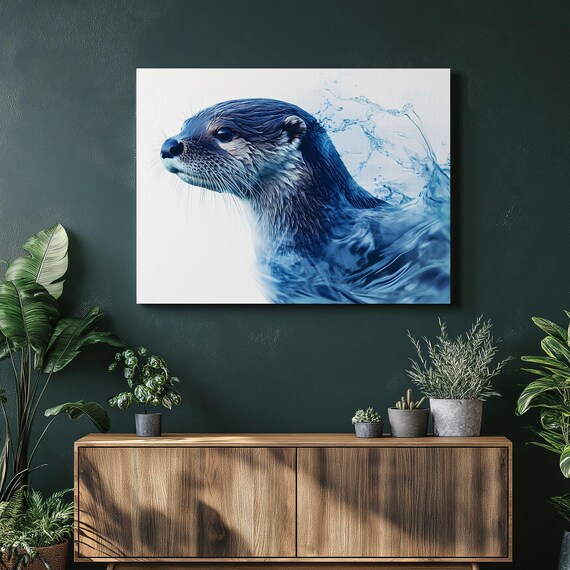 Otter River Canvas Wall Art Double Exposure Wildlife Print In Cool Blue Water Modern Animal Portrait Coastal Nature Decor For Home