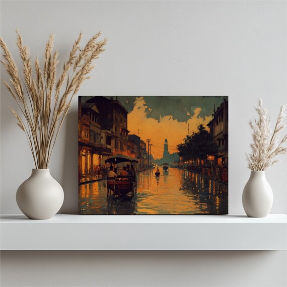 Sunset River Boats Canvas Wall Art Cityscape Landscape Painting With Evening Light Water Reflection Home Decor For Living Room Bedroom