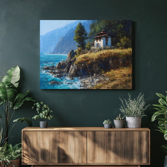 Coastal Cottage Rocky Shore Cliff House Turquoise Sea Wall Art