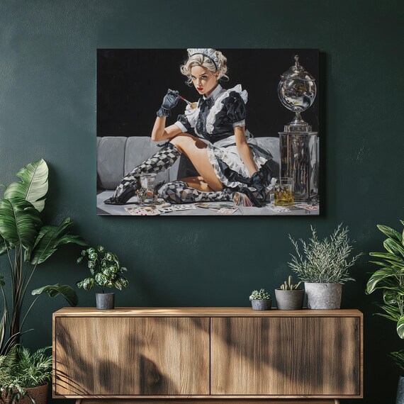 French Maid Pinup Girl Glamour Canvas Wall Art with Checkered Stockings