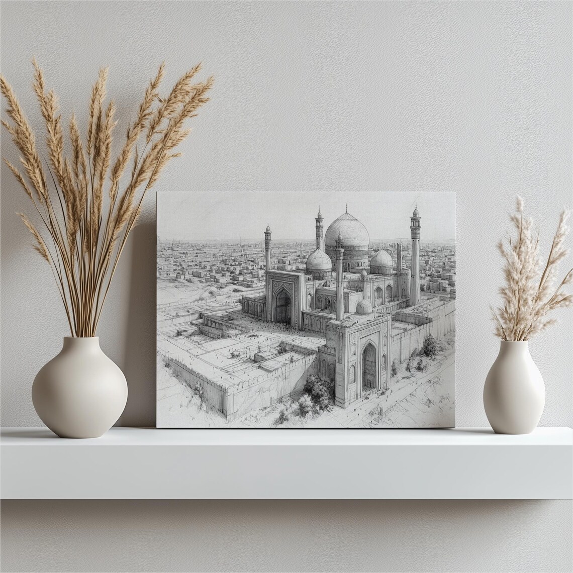 Turkmenistan Mosque Architecture Art Canvas Islamic Black White Cityscape Drawing Print For Modern Home Decor And Office Wall