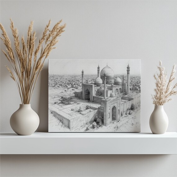 Turkmenistan Mosque Architecture Art Canvas Islamic Black White Cityscape Drawing Print For Modern Home Decor And Office Wall