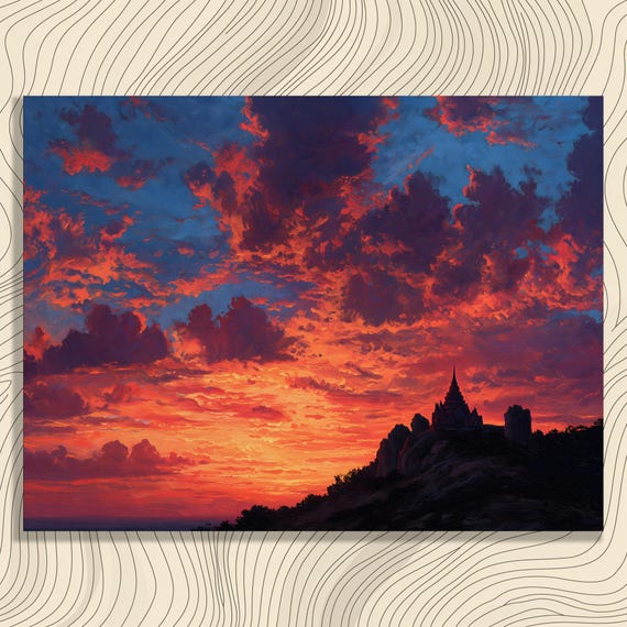 Colorful Sunset Temple Canvas Wall Art Dusk Silhouette Print Red Orange Sky Dramatic Clouds Impressionist Decor Hilltop Landscape
