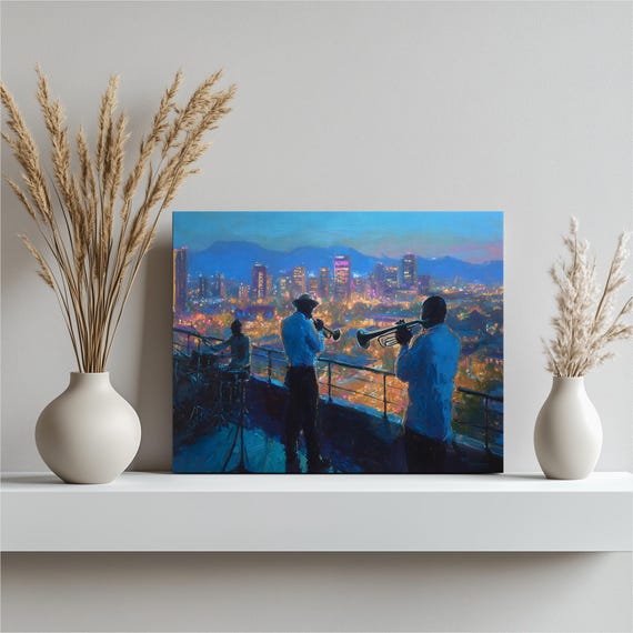 Jazz City Skyline Canvas Wall Art Colorful Urban Night Painting Band Rooftop Balcony Lights Trumpeter Drummer Cityscape