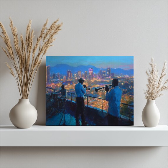 Rooftop Jazz Musicians Night City Lights Trumpet Painting Poster