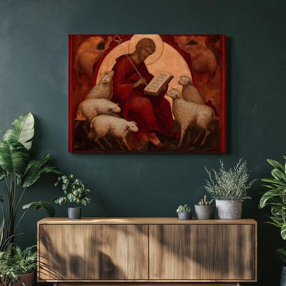 Good Shepherd Jesus Christ Icon Painting Sheep Lamb Religious Wall Art