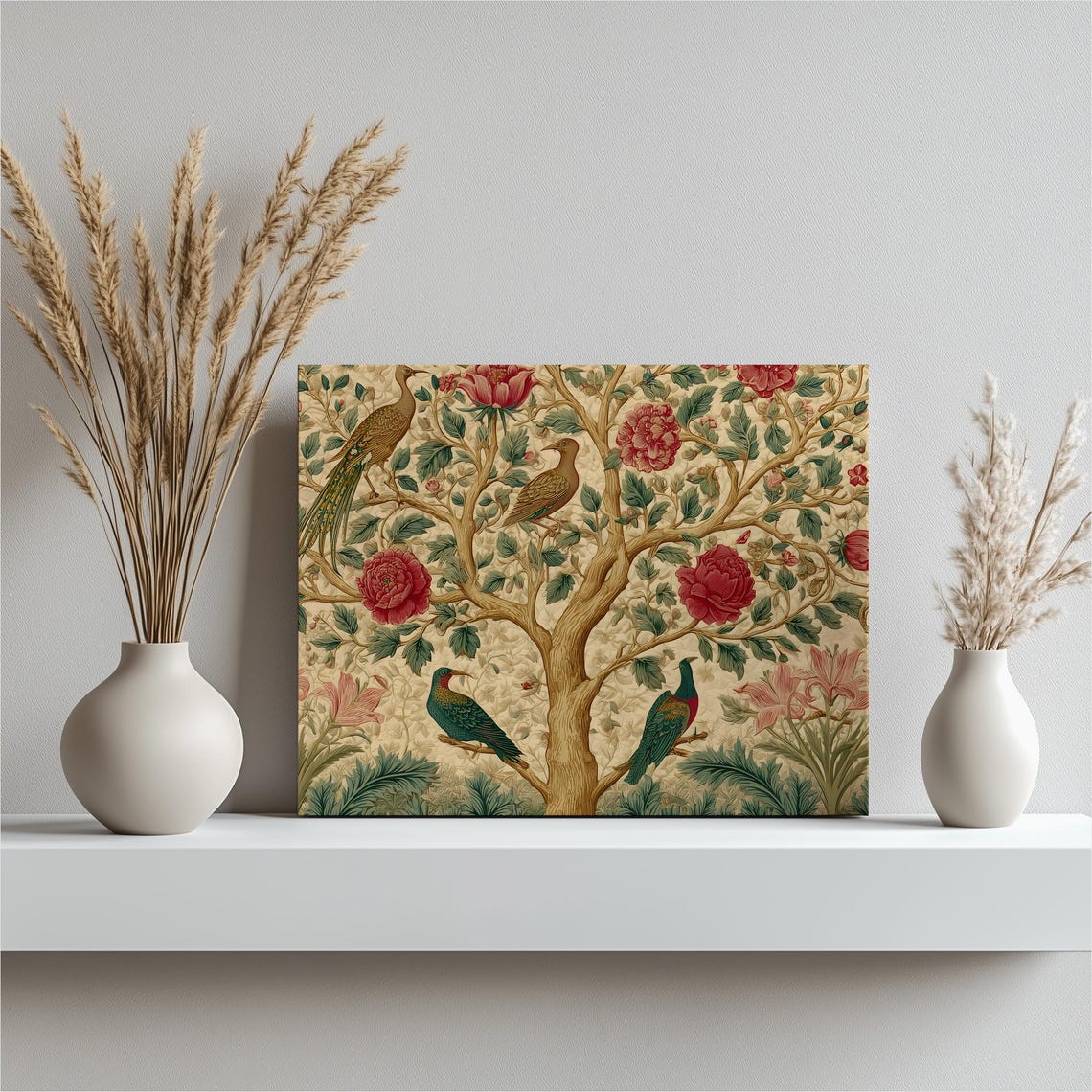 William Morris Style Tree of Life Birds Roses Vintage Art Poster
