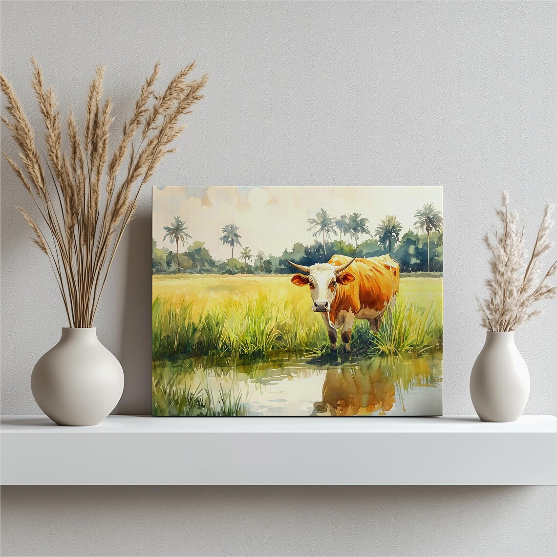 Sahiwal Cow Serene Watercolor Rice Field Farm Landscape Print