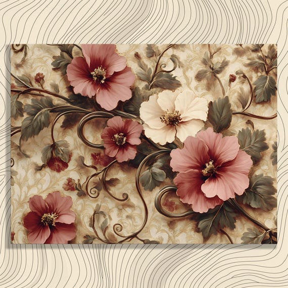 Vintage Floral Canvas Wall Art Botanical Print Tapestry With Ornamental Vines Blooming Petals Intricate Leaves For Lovers Home Decor
