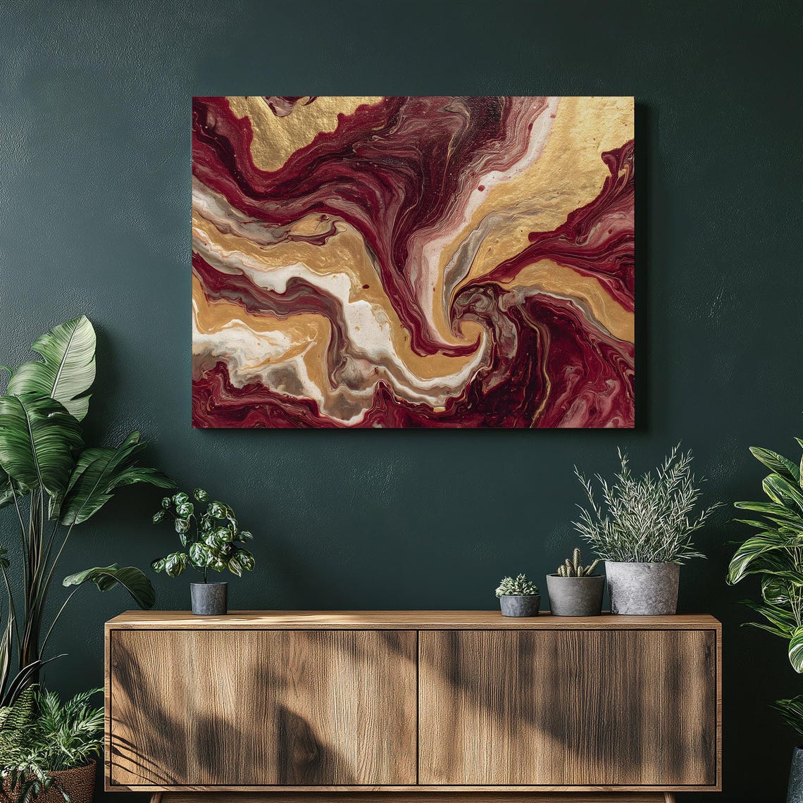 Burgundy Gold White Marble Swirl Abstract Fluid Metallic Art Poster