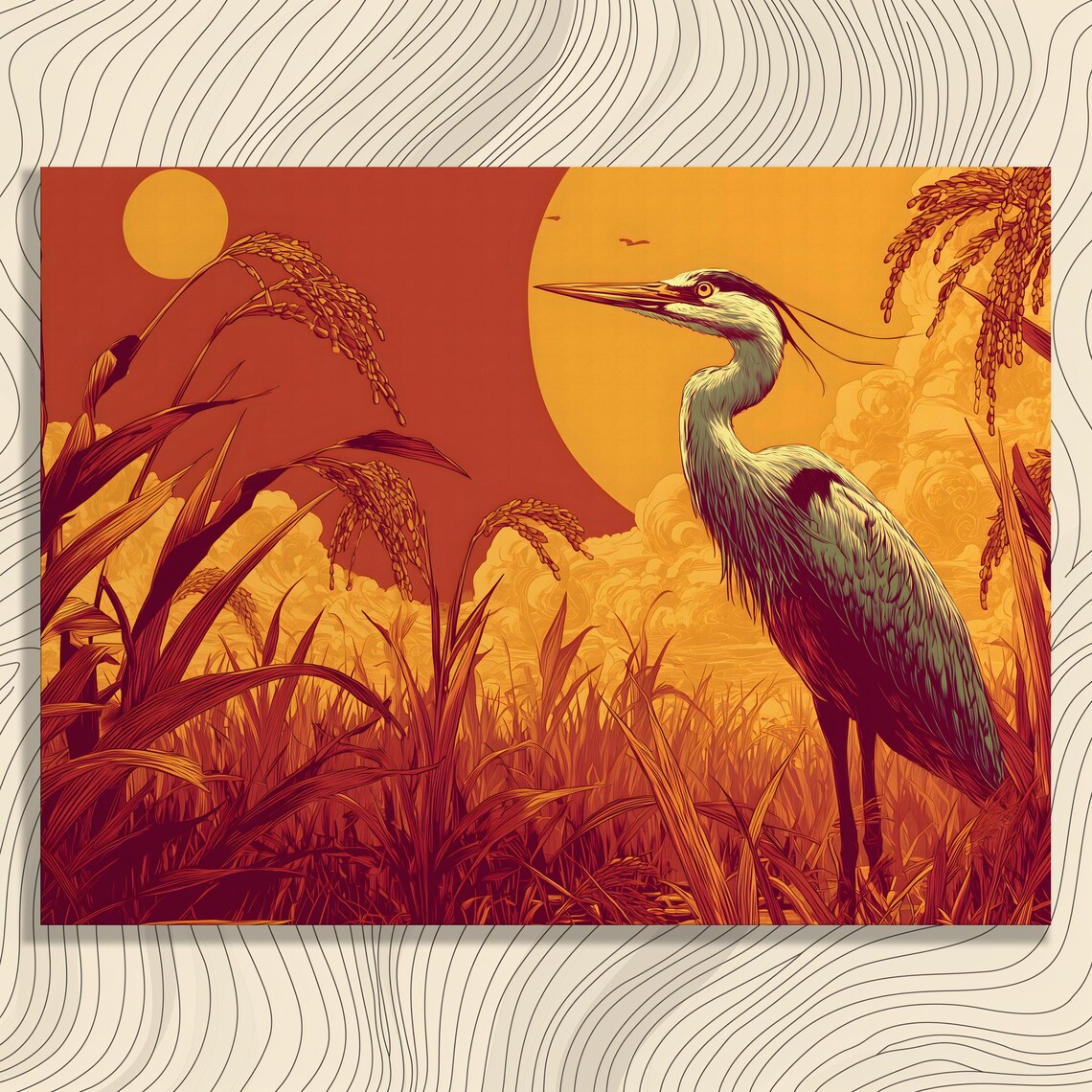 Heron At Sunset Among Golden Reeds Vibrant Wildlife Nature Art Poster
