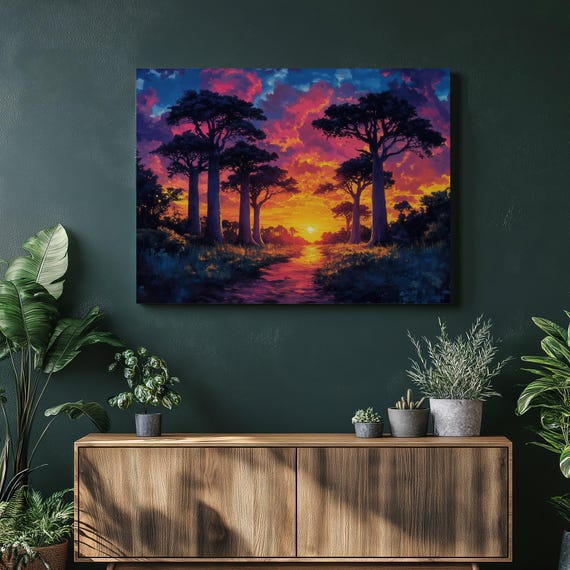 Sunset Painting Art Landscape Artwork Colorful Sky Clouds Silhouette Trees Nature Wall