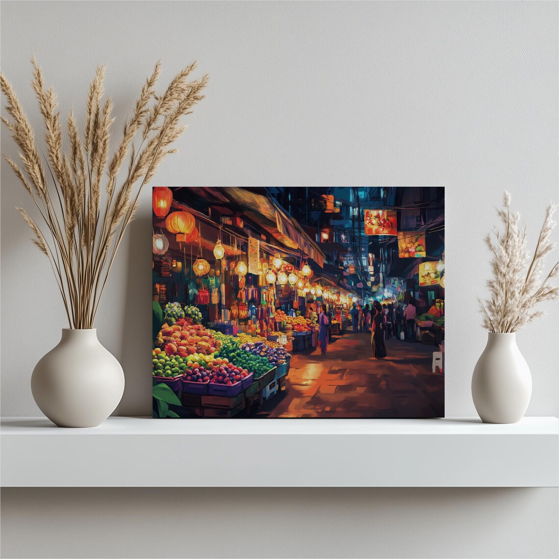 Bangkok Thailand Vibrant Night Market Lantern Glow Street Wall Art
