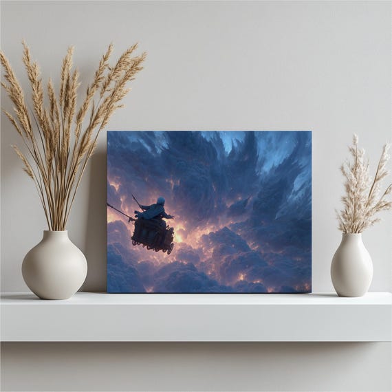 Surreal Celestial Chariot Canvas Wall Art Fantasy Sky Landscape Print With Radiant At Sunset Ethereal Cloudscape And Starry Heavens