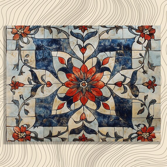 Vintage Blue Red Floral Mosaic Tile Pattern Bohemian Kitchen Poster