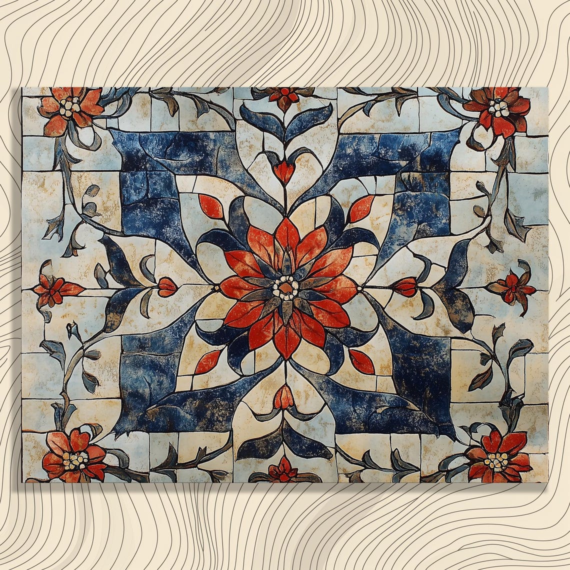 Vintage Blue Red Floral Mosaic Tile Pattern Bohemian Kitchen Poster