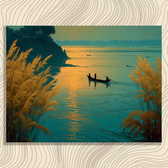 Sunset Boat Canvas Wall Art Tranquil River Landscape Decor Print Nature Lakeside Reed Reflection Golden Hour Painting
