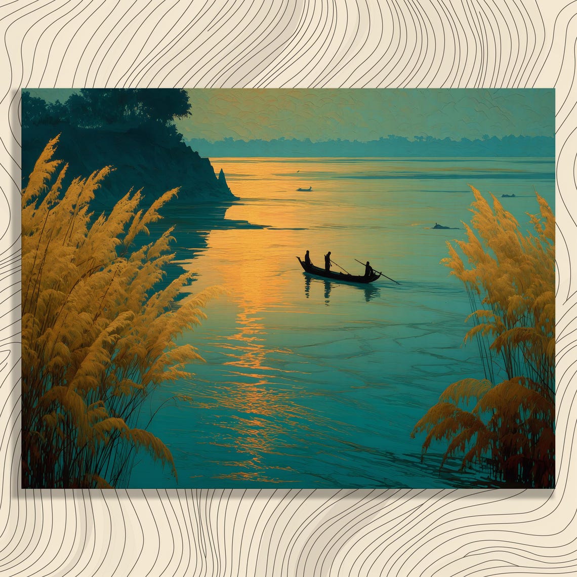 Silhouetted Boat Golden Sunset River Reeds Tranquil Landscape Wall Art