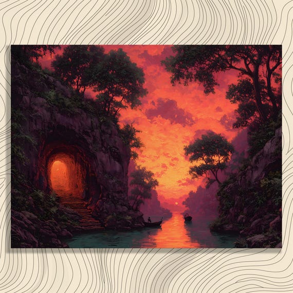 Sunset Cliff Cave Canvas Wall Art Colorful Nature Print With River Landscape Boats Glowing Tunnel Lake Reflection Decor Gift