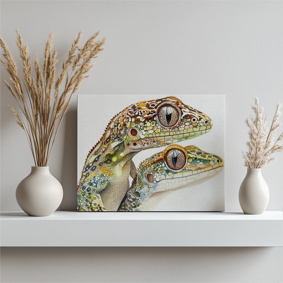Gecko Pair Vibrant Watercolor Mosaic Reptile Portrait Wall Art