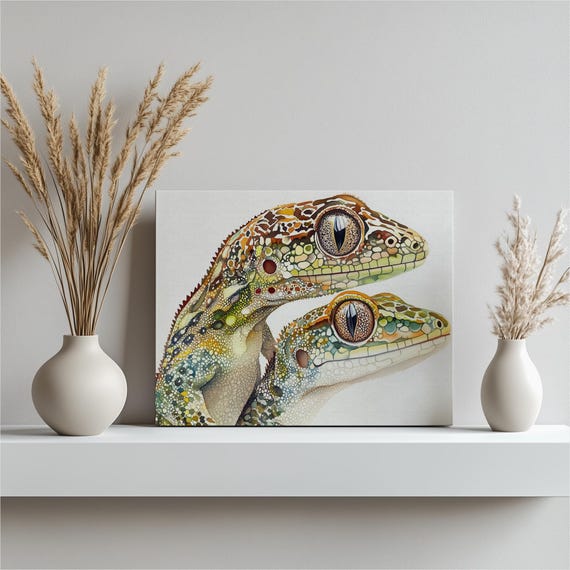 Vibrant Gecko Canvas Wall Art Intricate Watercolor Of Green Brown And Yellow Geckos Nature Reptile Illustration Print