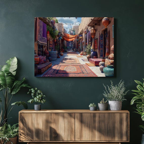 Desert Souk Marketplace Canvas Wall Art Vibrant Rugs And Lanterns In A Sunlit Bazaar