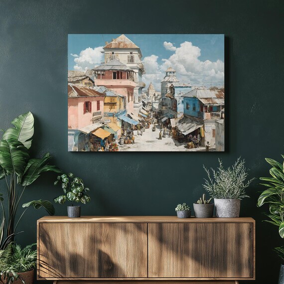 Tropical Colonial Street Market Colorful Buildings Impressionist Wall Art