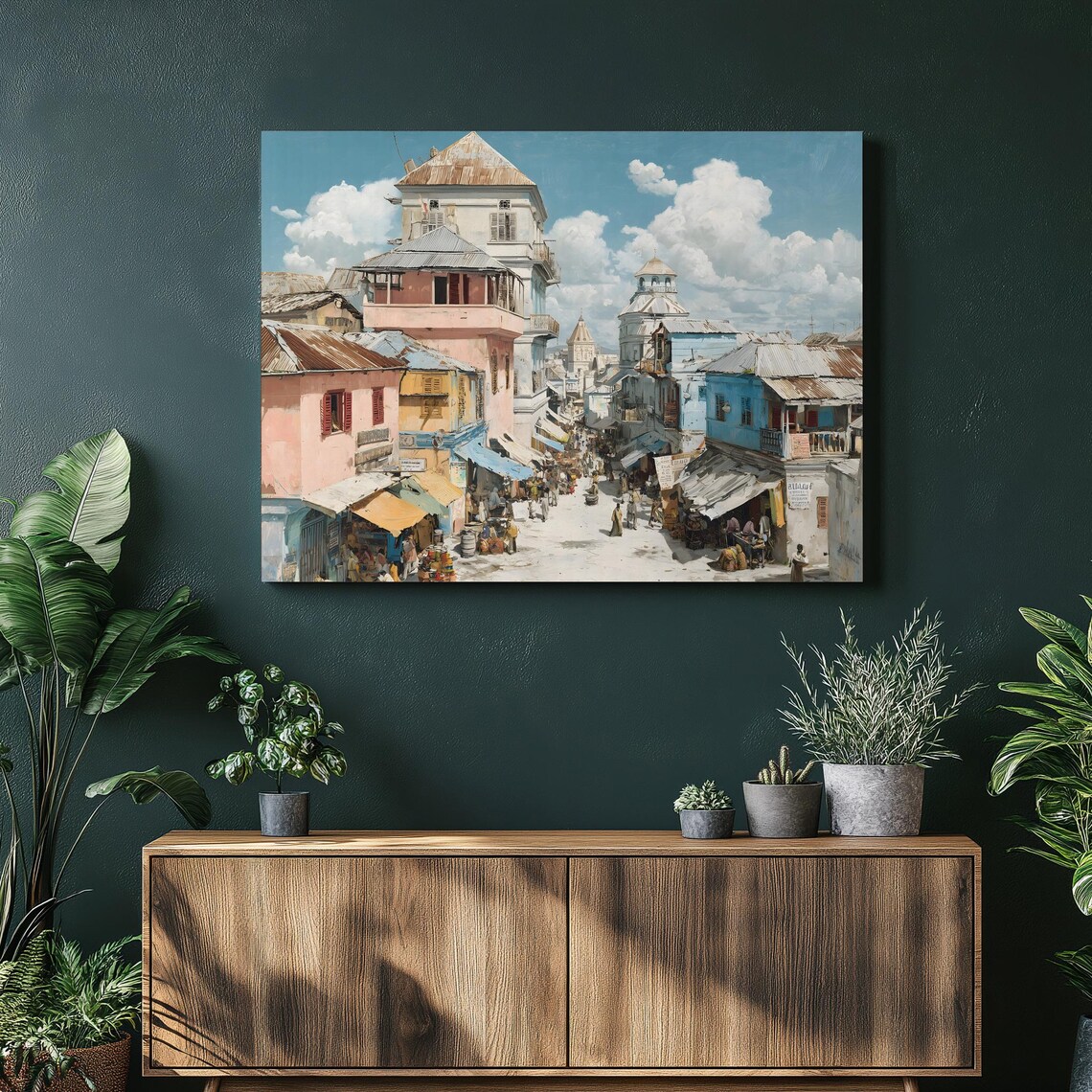 Tropical Colonial Street Market Colorful Buildings Impressionist Wall Art