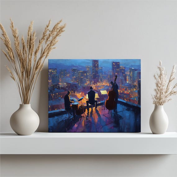 Urban Jazz Cityscape Canvas Wall Art Rooftop Night Scene City Skyline Trio Grand Piano Double Bass Drum Set Landscape Print