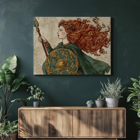 Valkyrie Norse Shieldmaiden Red Hair Spear Round Shield Art Poster