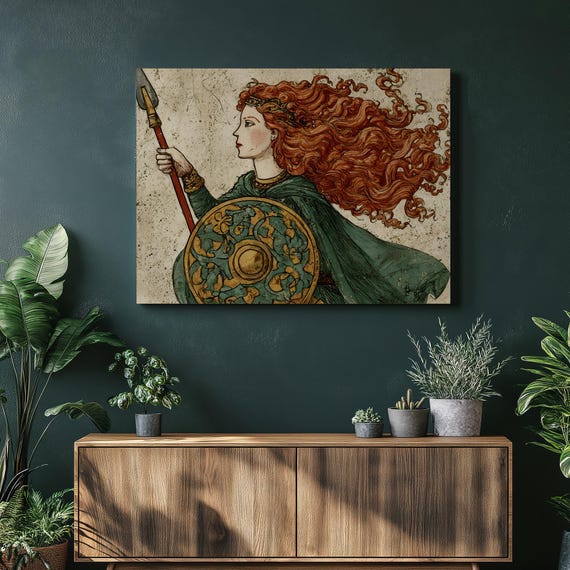 Valkyrie Warrior Canvas Wall Art Vintage Norse Goddess Female Print Spear Shield Red Hair Portrait Medieval Fantasy Decor Gift