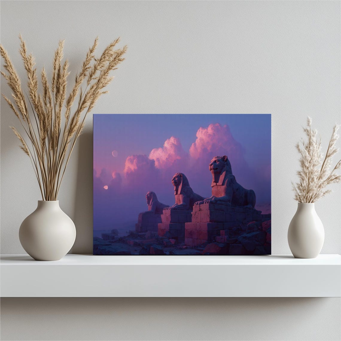 Egyptian Sphinx Statues Desert Twilight Painting Moon Poster