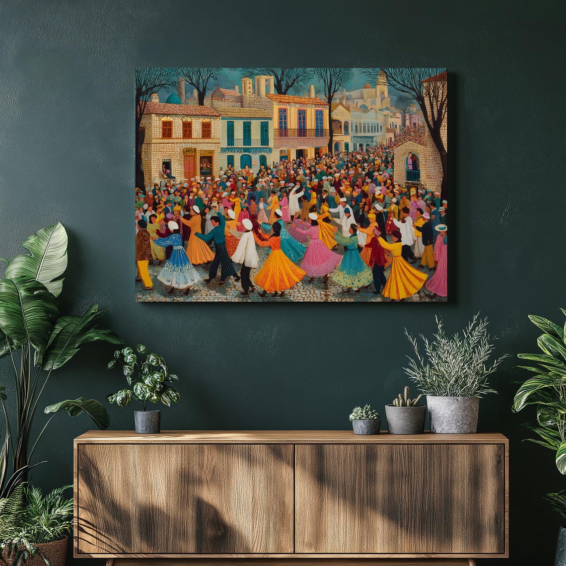 Village Folk Dance Celebration Colorful Crowd Naive Art Poster