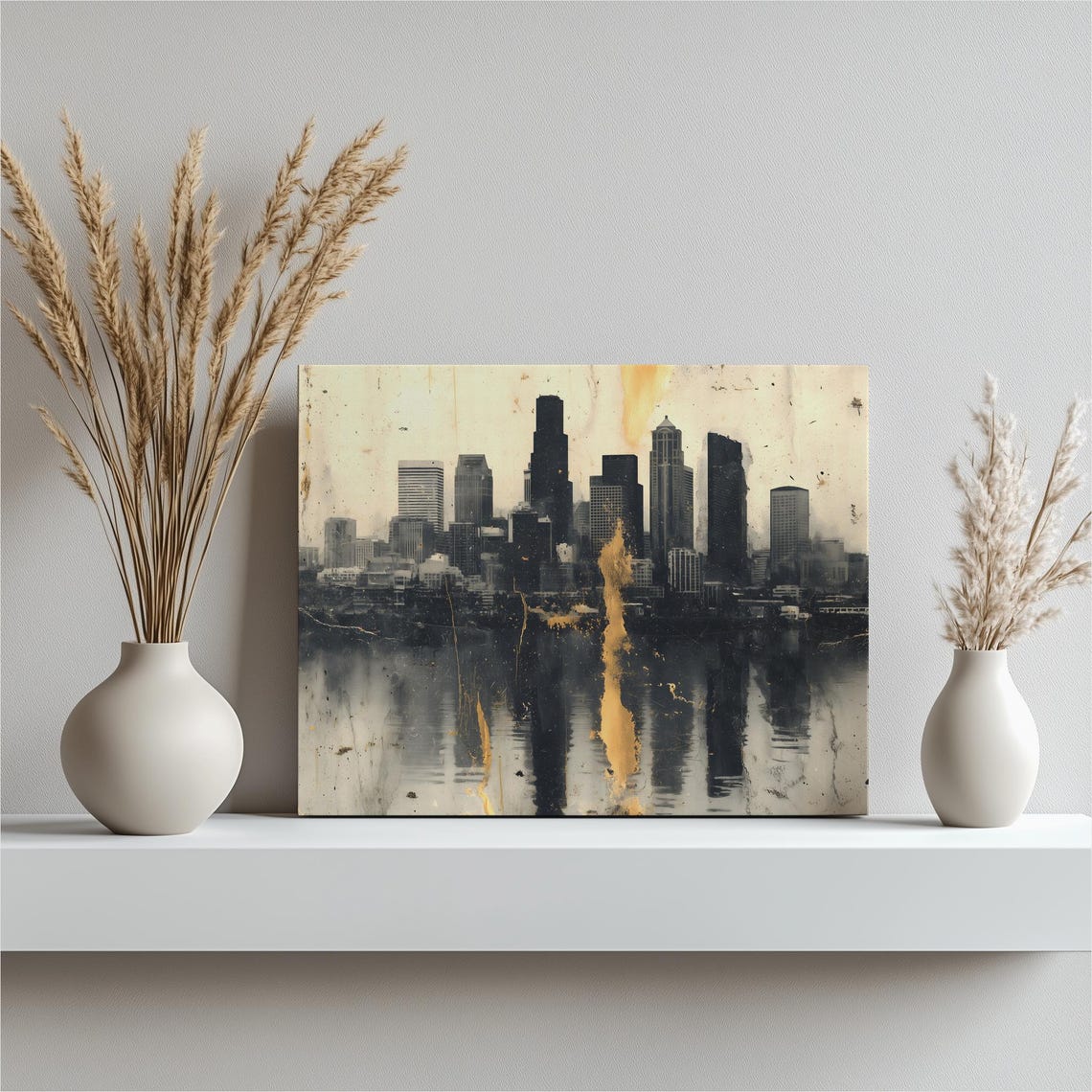 Black White Gold City Skyline Reflection Abstract Urban Wall Art