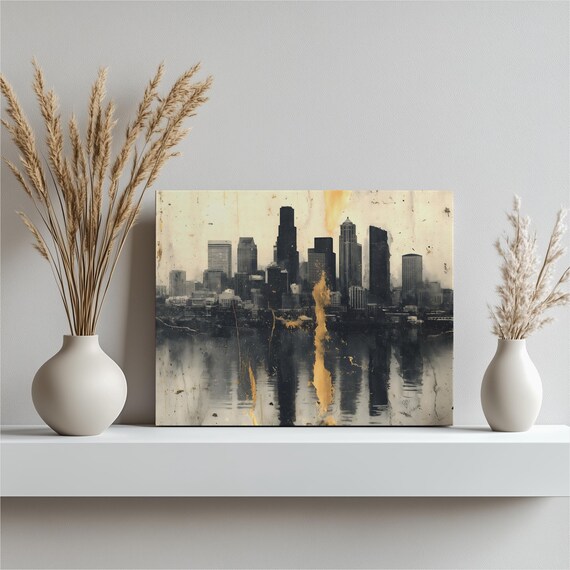 Modern City Skyline Canvas Wall Art Black White Gold Urban Cityscape Print Reflective Painting Contemporary Decor Gift For Home