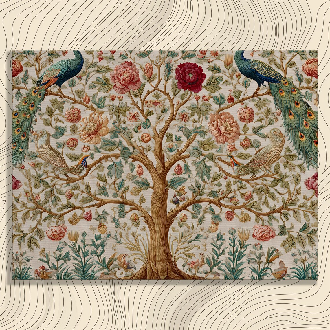Tree of Life Peacocks Peonies Vintage Botanical Tapestry Art Poster