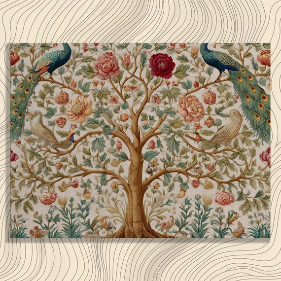 Tree Of Life Canvas Wall Art Peacock Botanical Print Traditional Painting Vintage Floral Bird Decor Nature Inspired