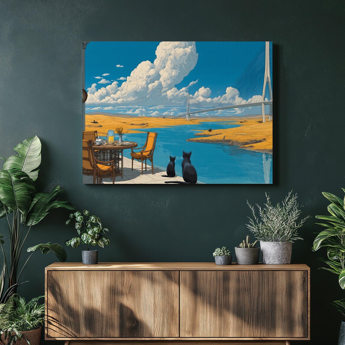 Two Black Cats Riverside Terrace Bridge Anime Style Illustration Poster