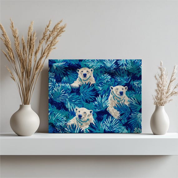 Polar Bear Canvas Wall Art Playful Arctic Wildlife Blue Pine Foliage Winter Forest Print Nature Decor Colorful Illustration Gift