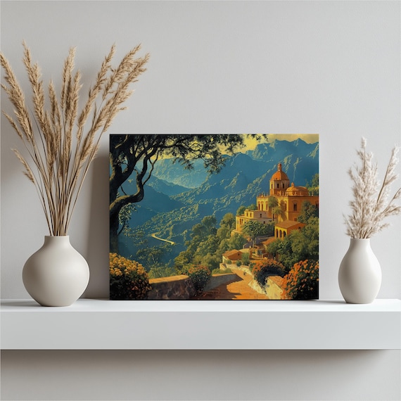 Mexico Mountain Church Golden Dome Valley View Oil Painting Art Poster