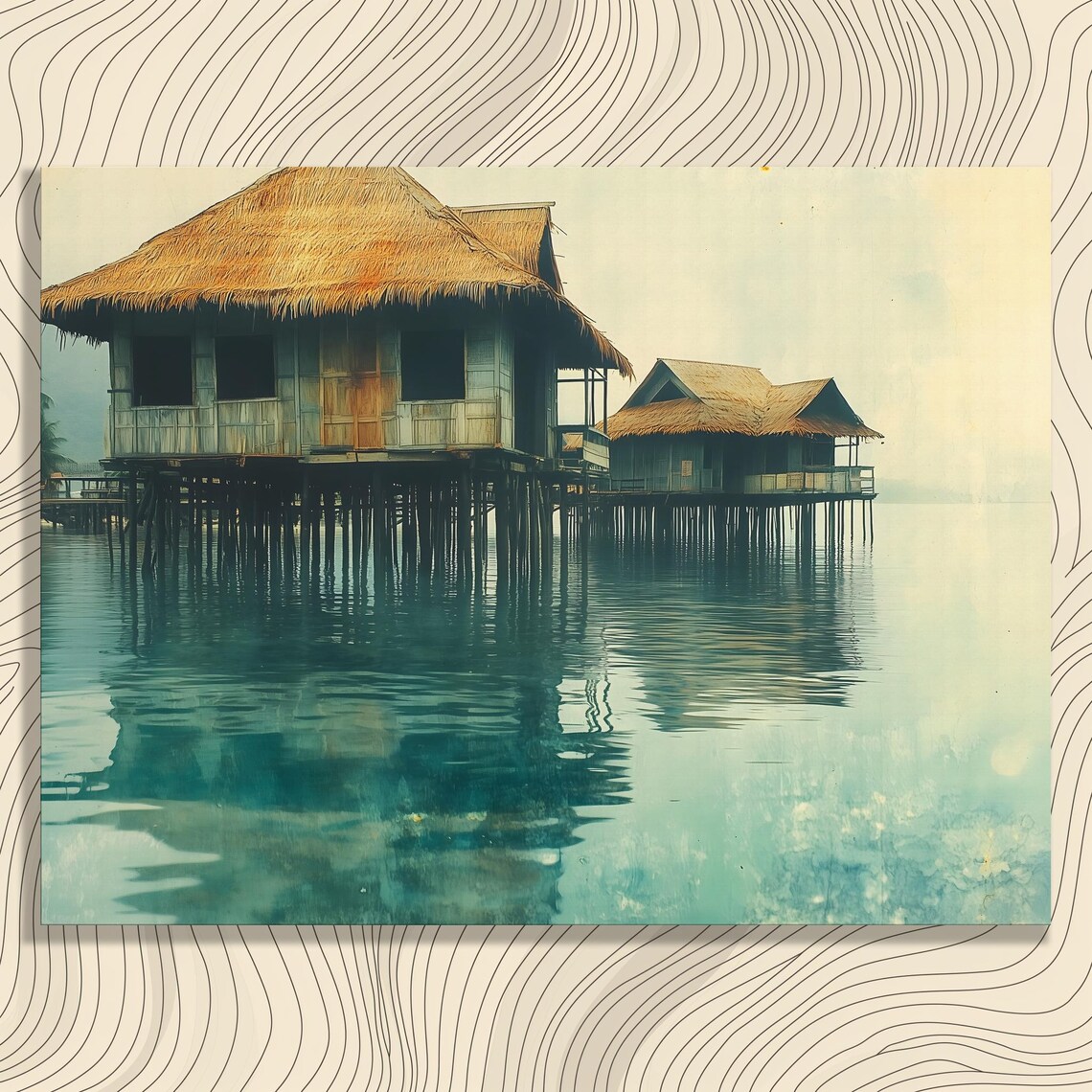 Tropical Stilt Houses Over Calm Water Thatched Roof Serene Art Poster