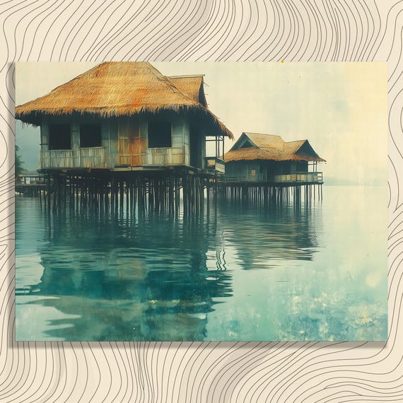 Tropical Stilt Houses Canvas Wall Art Serene Bamboo Huts On Water With Palm Trees Lagoon Seascape Reflections Island Village Print