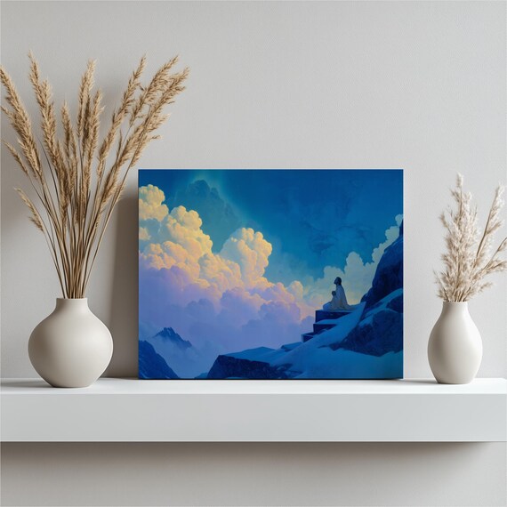Praying Figure On Snowy Mountain Peak Serene Winter Art Poster