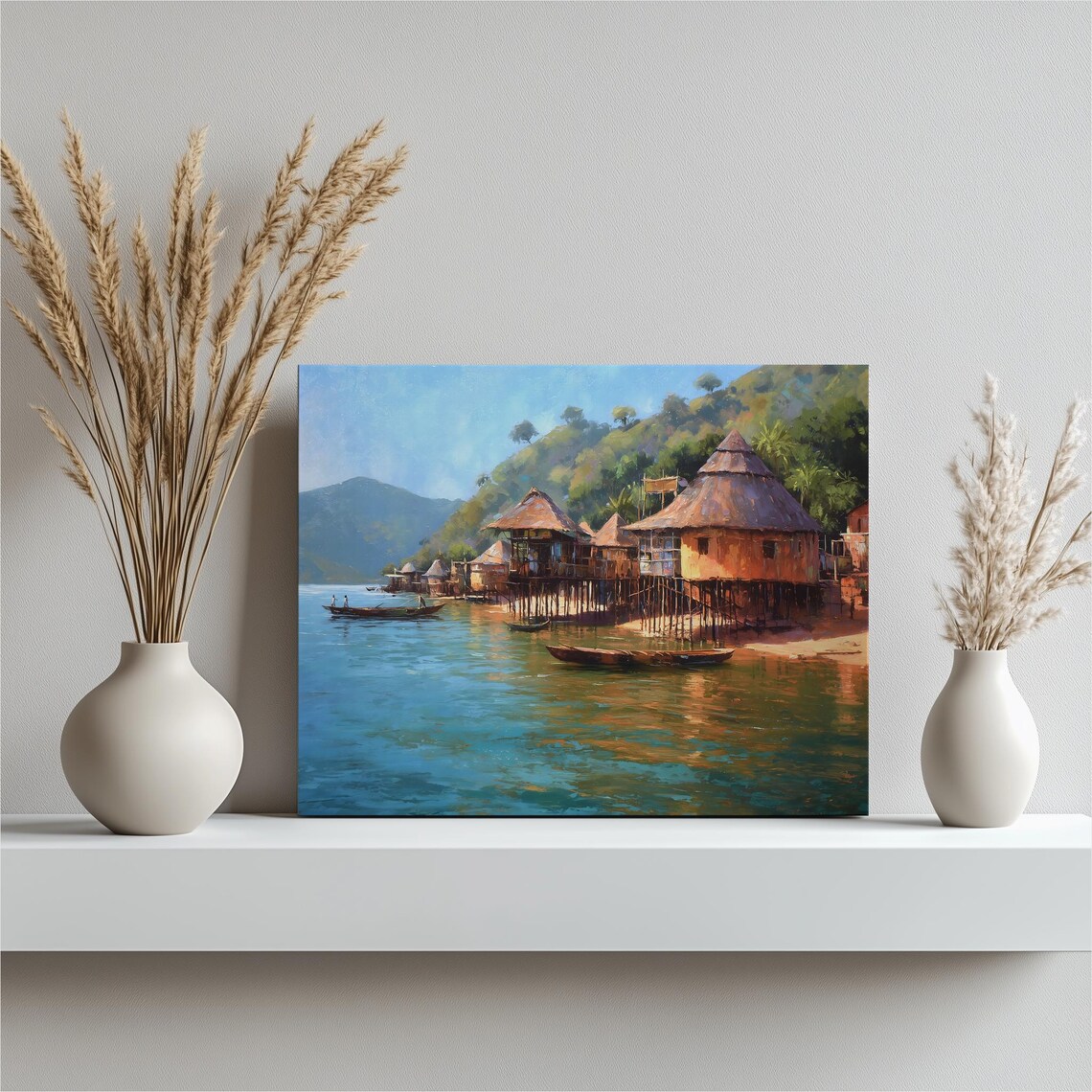 Tropical Stilt Village Over Turquoise Water Rustic Shoreline Scene Poster