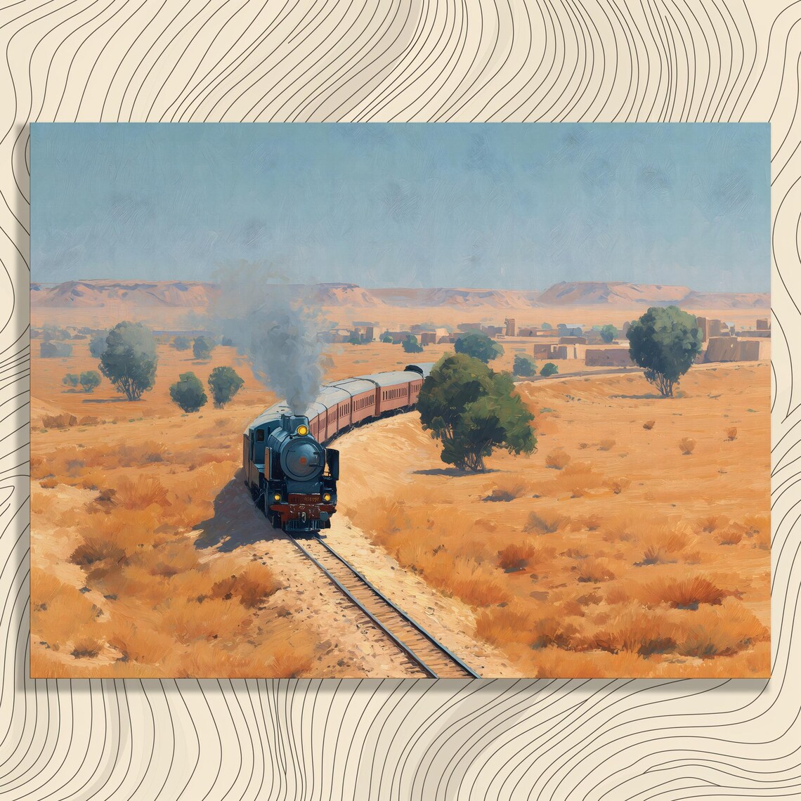Vintage Steam Train Crossing Golden Desert Plains Travel Poster