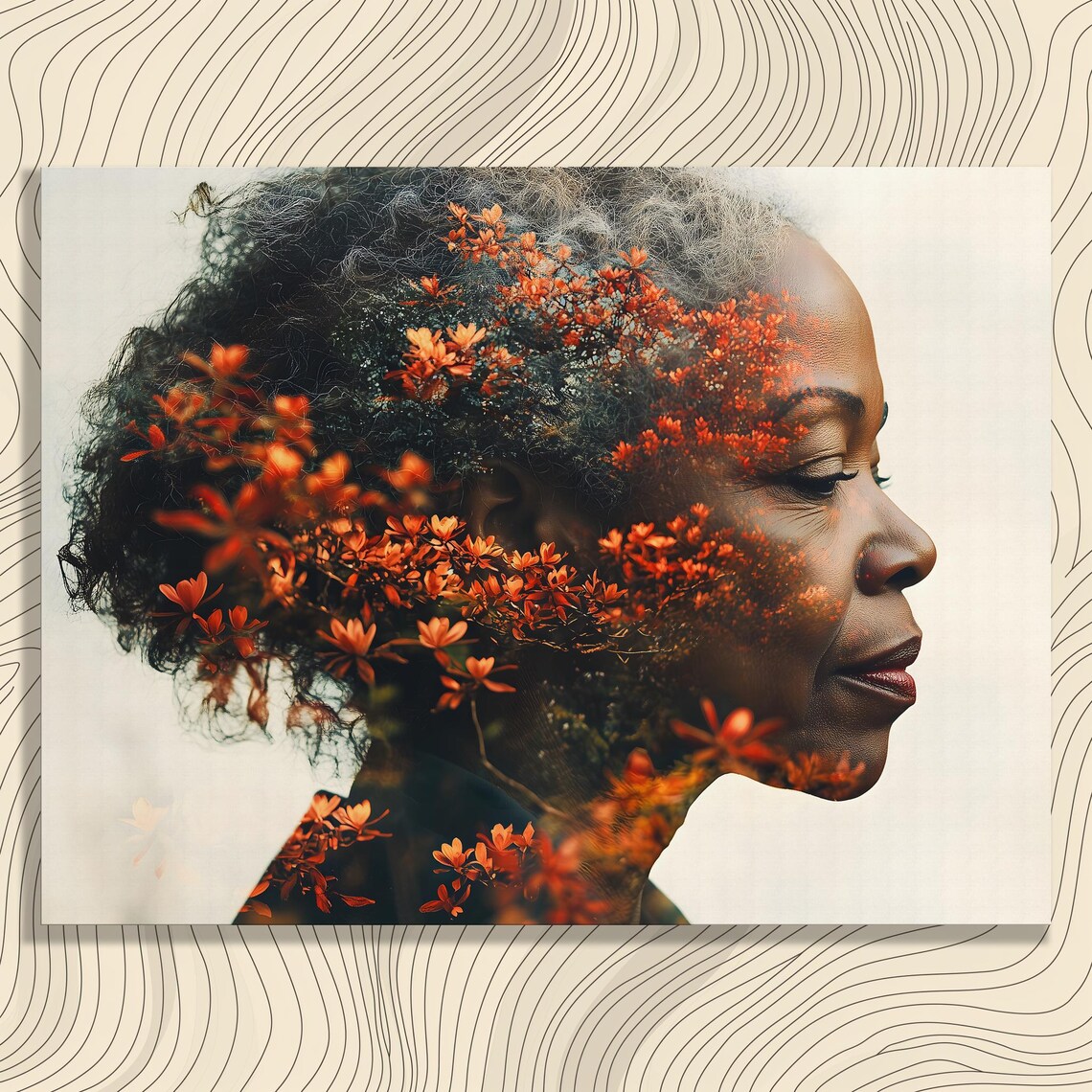 Double Exposure Botanical Portrait Print Woman with Orange Flowers Art