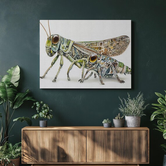 Colorful Grasshopper Canvas Print Modern Insect Watercolor Painting Wall Art Decor Unique Nature Gift For Home Office Lovers