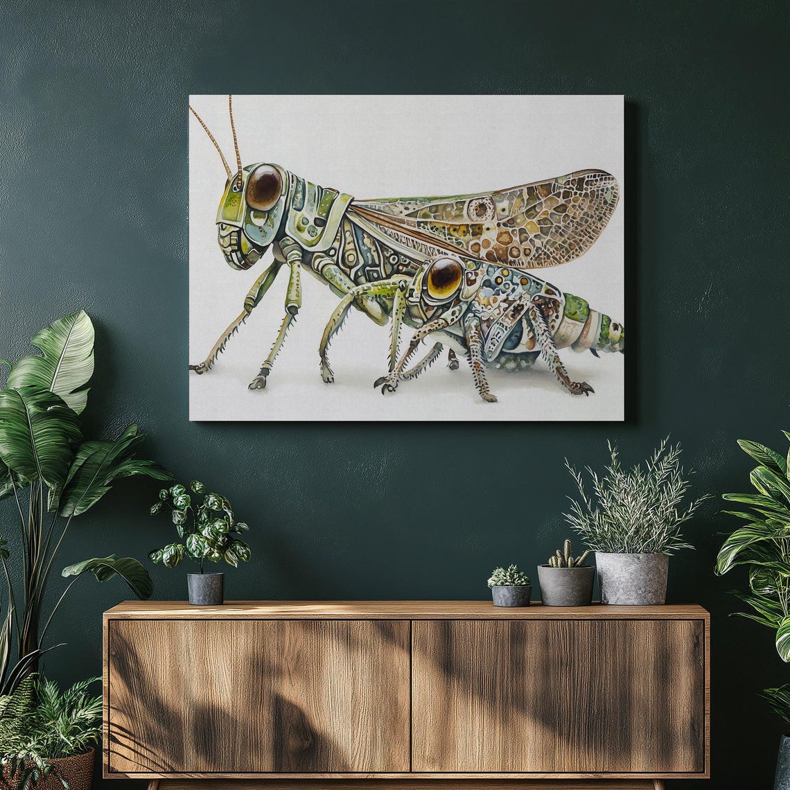 Detailed Grasshopper Watercolor Modern Insect Canvas Art Poster